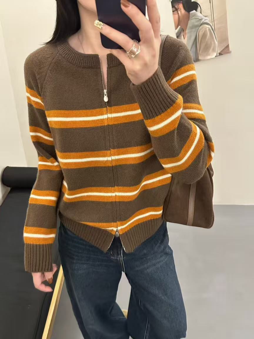 259韩系慵懒条纹针织开衫女秋冬新款宽松显瘦毛衣拉链外套上衣