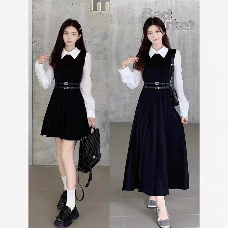 大码长袖连衣裙春显瘦收腰POLO领长裙胖MM假两件百褶气质裙子1719