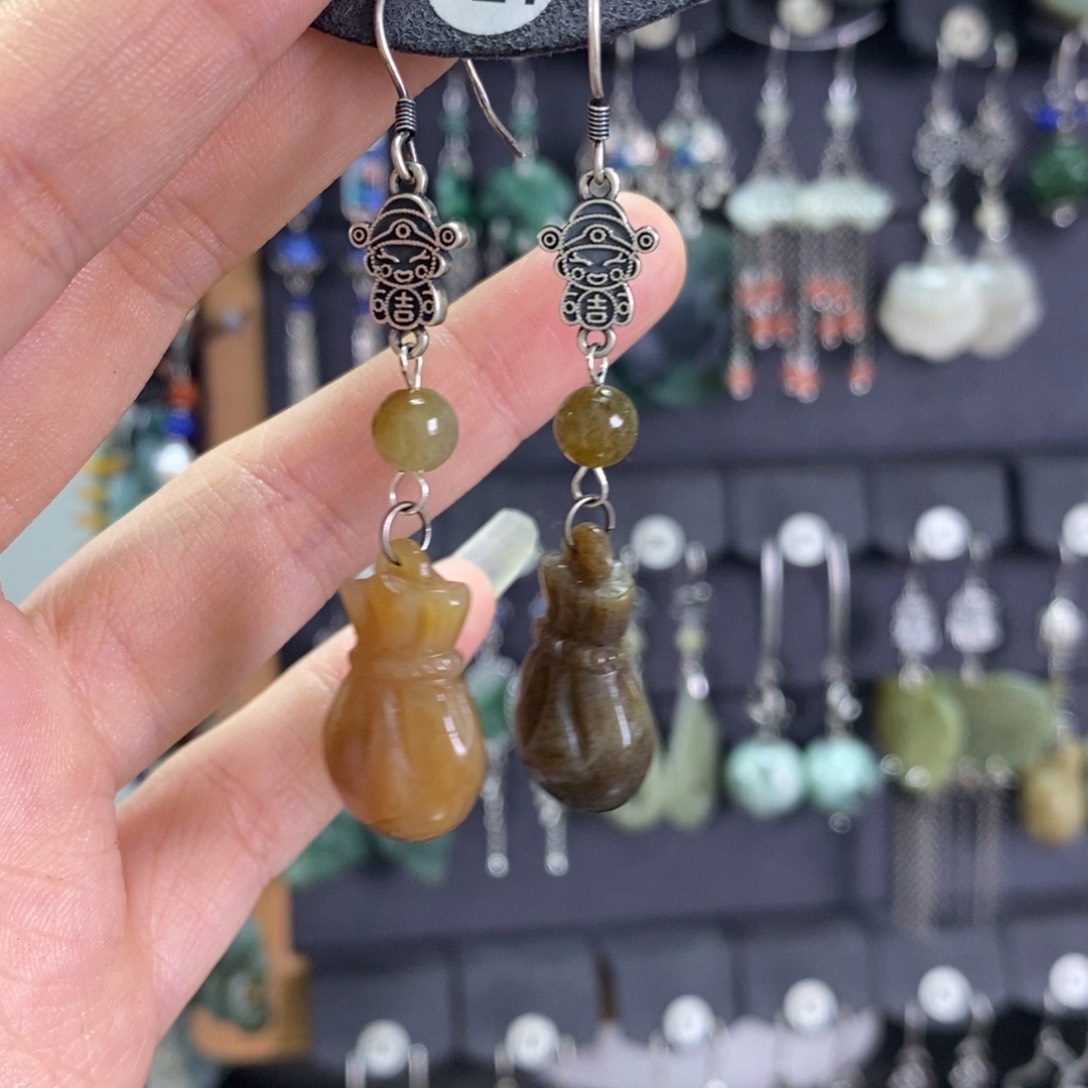 和田玉耳饰银S925镶嵌