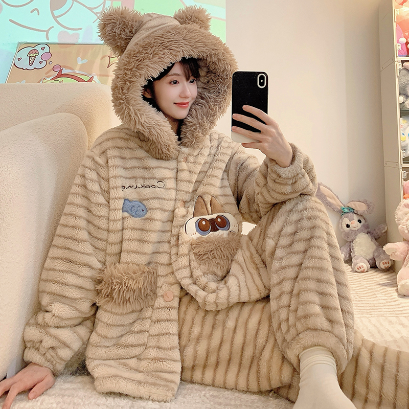 连帽大码200斤胖mm宽松睡衣冬季美妃绒加绒加厚保暖家居服女可爱