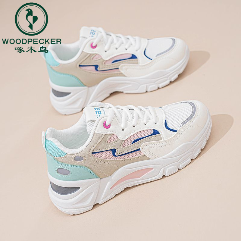 啄木鸟2025春季女鞋新款透气网面鞋子女百搭厚底运动鞋休闲老爹鞋