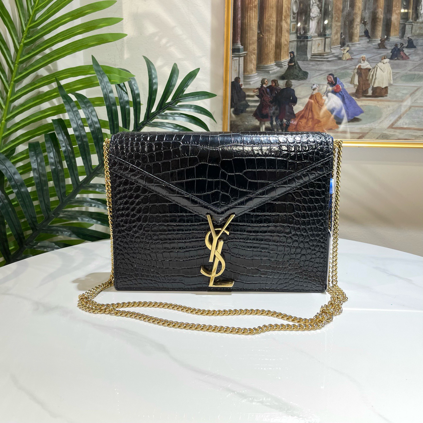95新 YSL/圣罗兰 多宝二奢/12610/黑金鳄压信封斜挎包