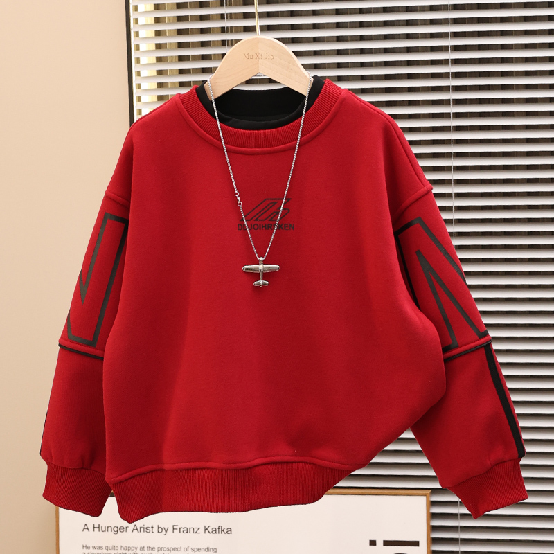 红色童装儿童加绒卫衣2025新款男女童秋冬装加厚保暖宽松休闲百搭