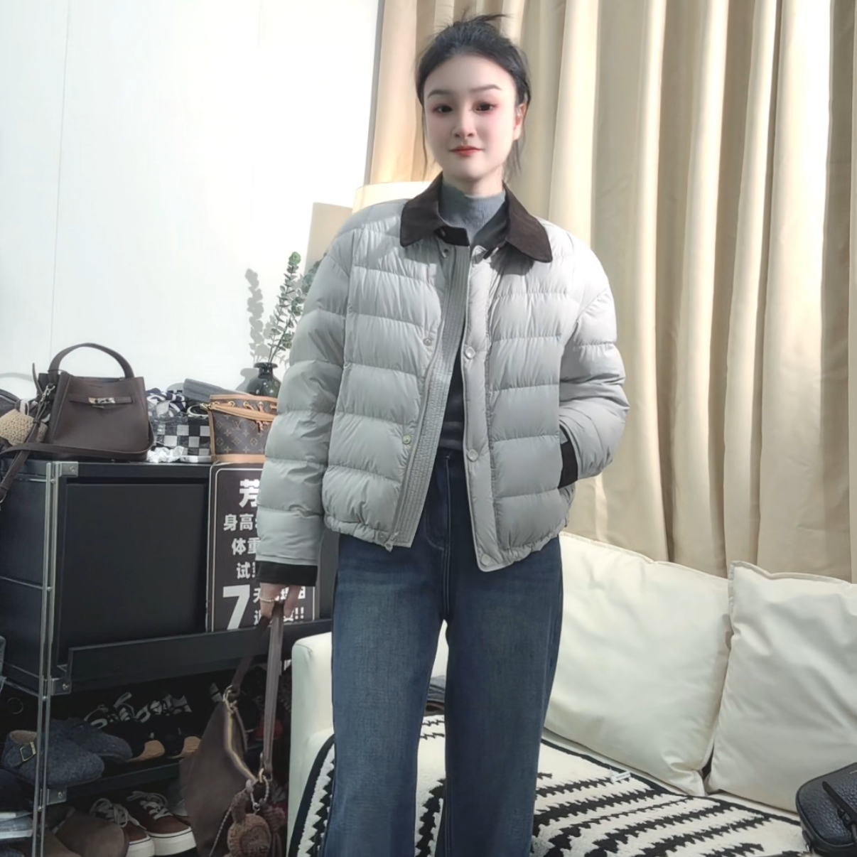 芳芳家【爱德堡】90白鸭绒安心绒~领口撞色!韩系保暖翻领羽绒服外套