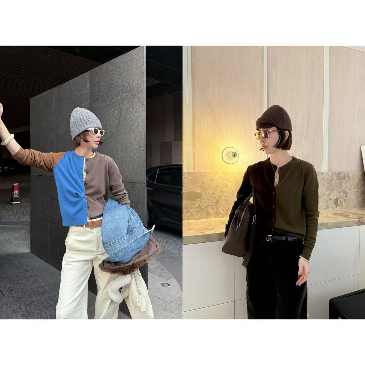 设计师不对称拼接拼色毛衣开衫女羊毛撞色外套  SWM14438