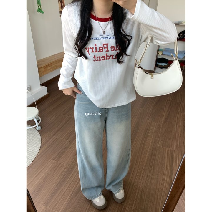 QINGYUS-撞色印花圆领正肩长袖宽松春季新款微胖显瘦大码女装T恤