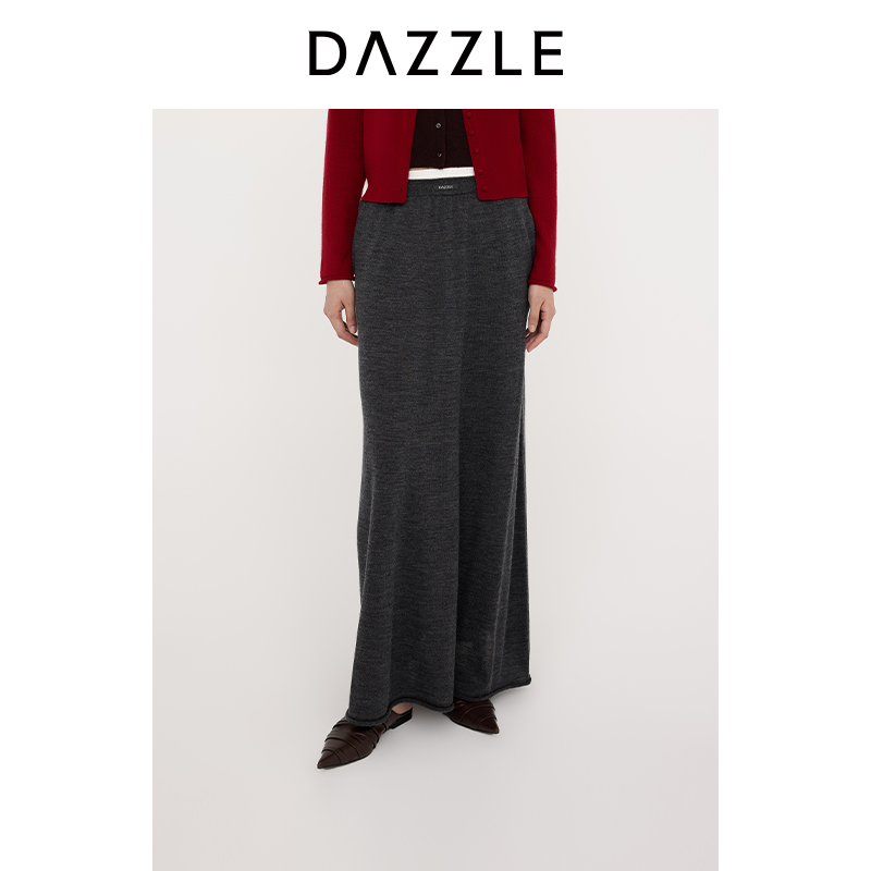 DAZZLE 地素半身裙25春深灰色针织双腰长裙2J1E703