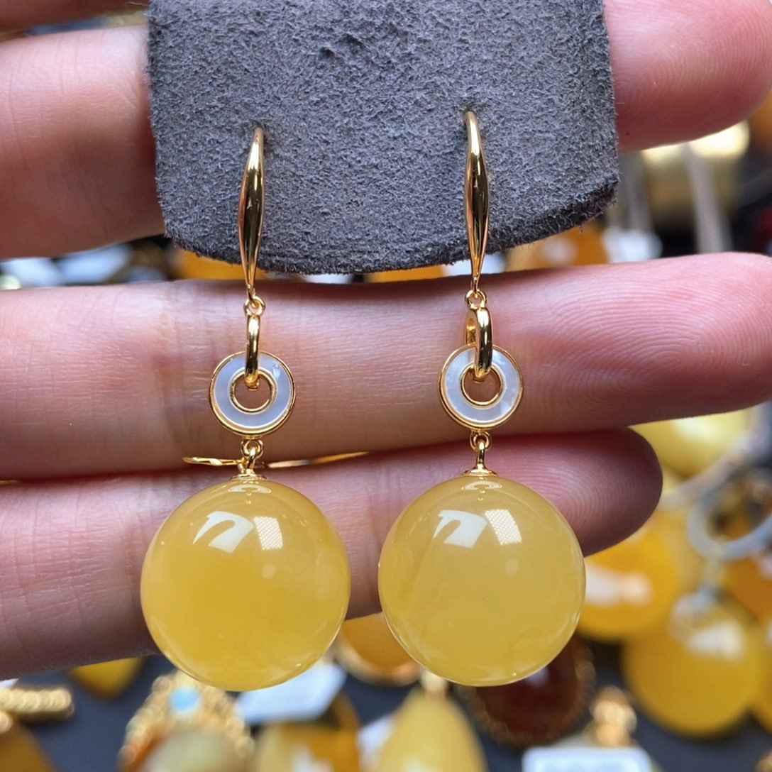 琥珀耳饰银S925镀金镶嵌