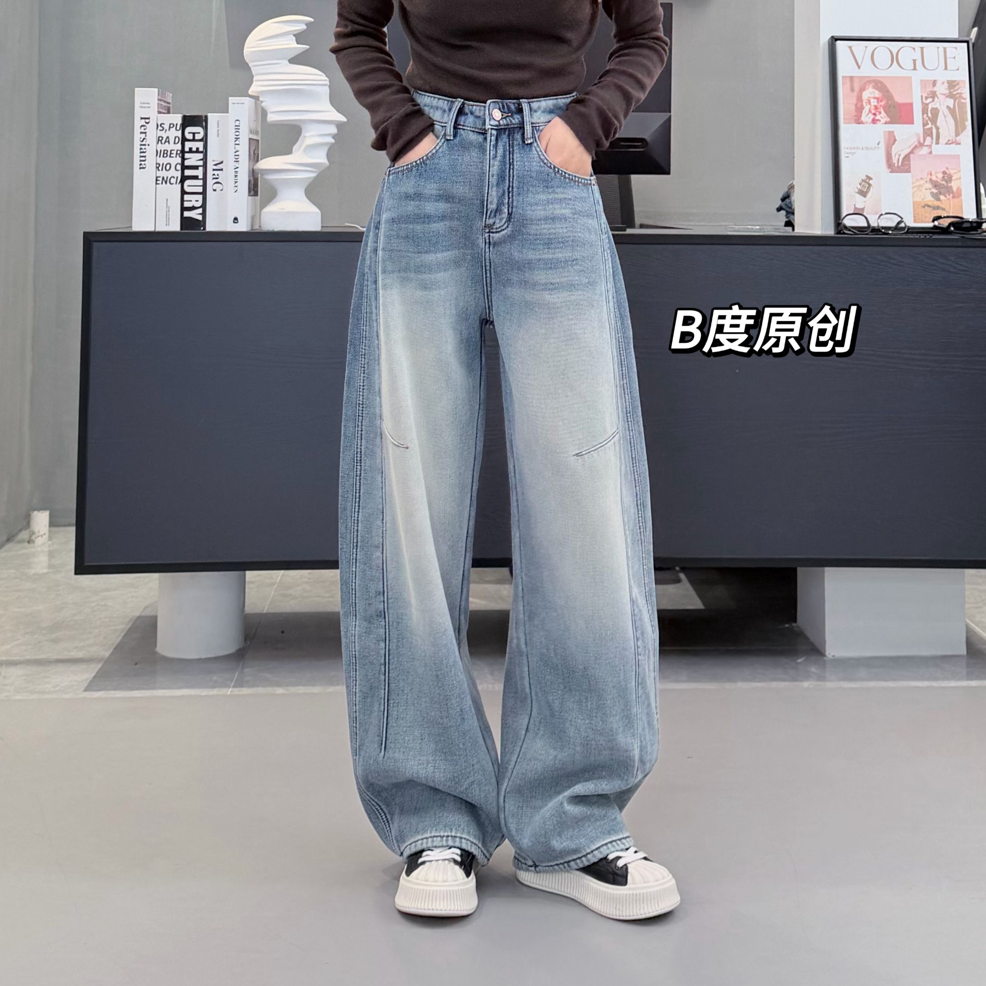 ZS88811-2-春季慵懒风无弹中高腰弯刀牛仔裤