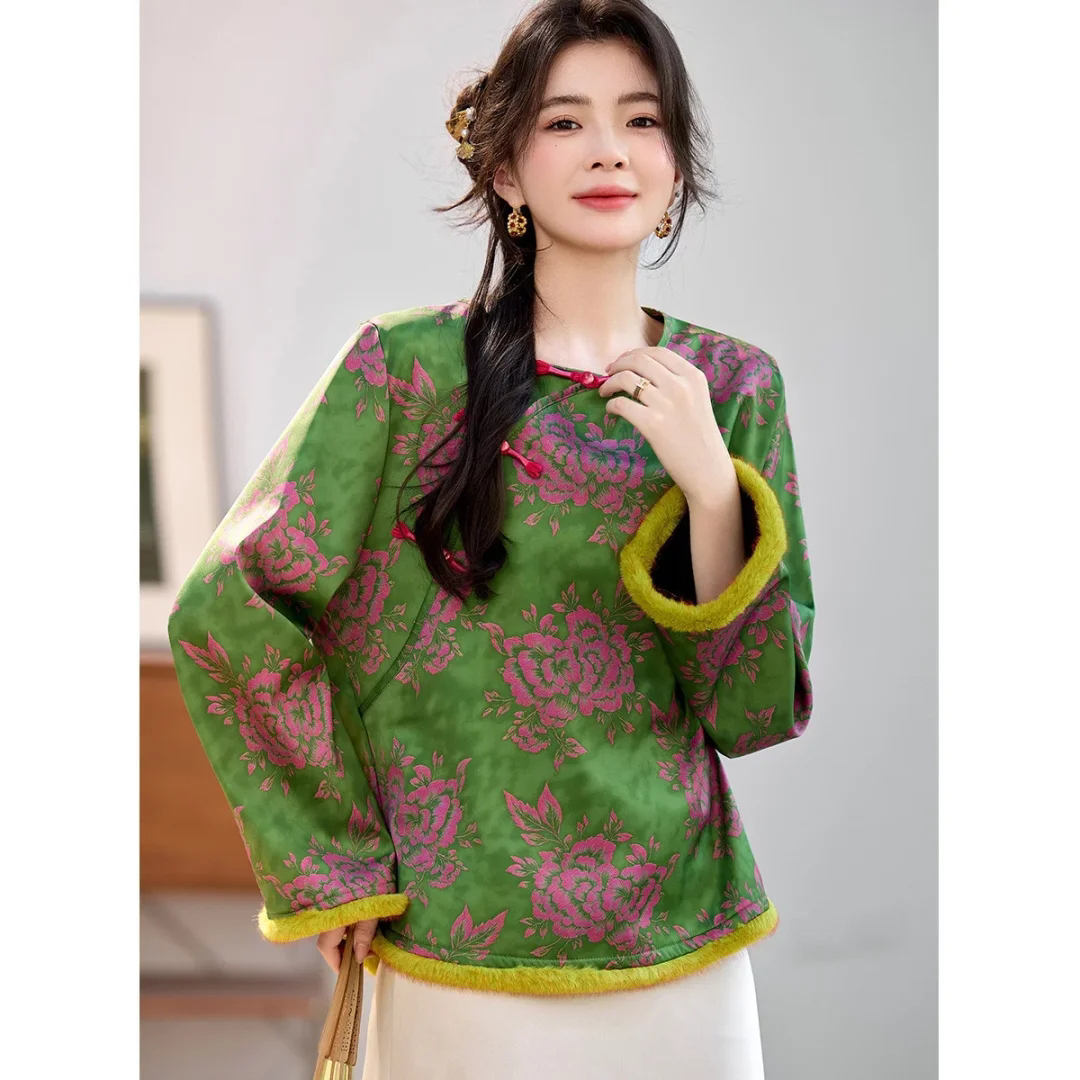 新中式复古提花国风圆领斜襟上衣秋冬宽松显瘦百搭加绒时尚衬衫女