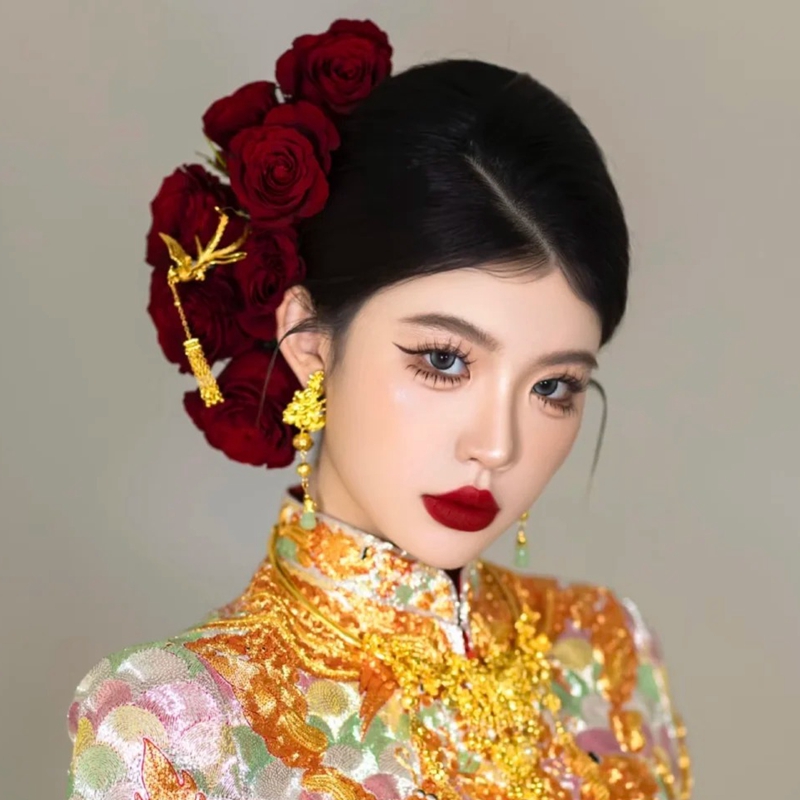 水舞C0715红色玫瑰花朵手工发簪气质新娘结婚旗袍敬酒服婚礼头饰