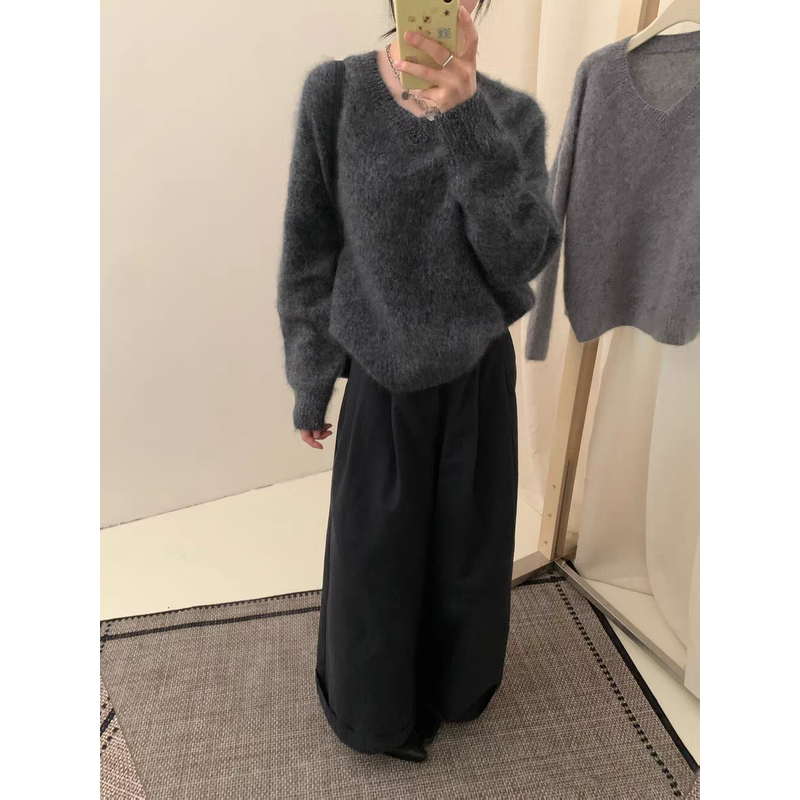 韩版针织慵懒风V领减龄时尚秋冬洋气百搭针织衫B199#