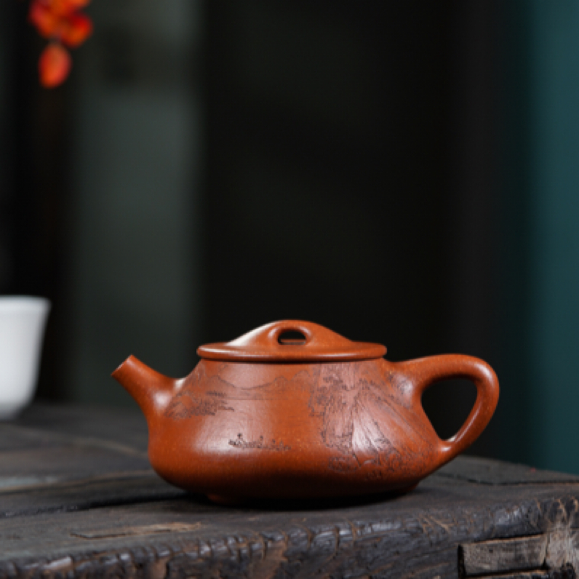 景舟石瓢紫砂壶红降坡泥袁德波刻绘山水