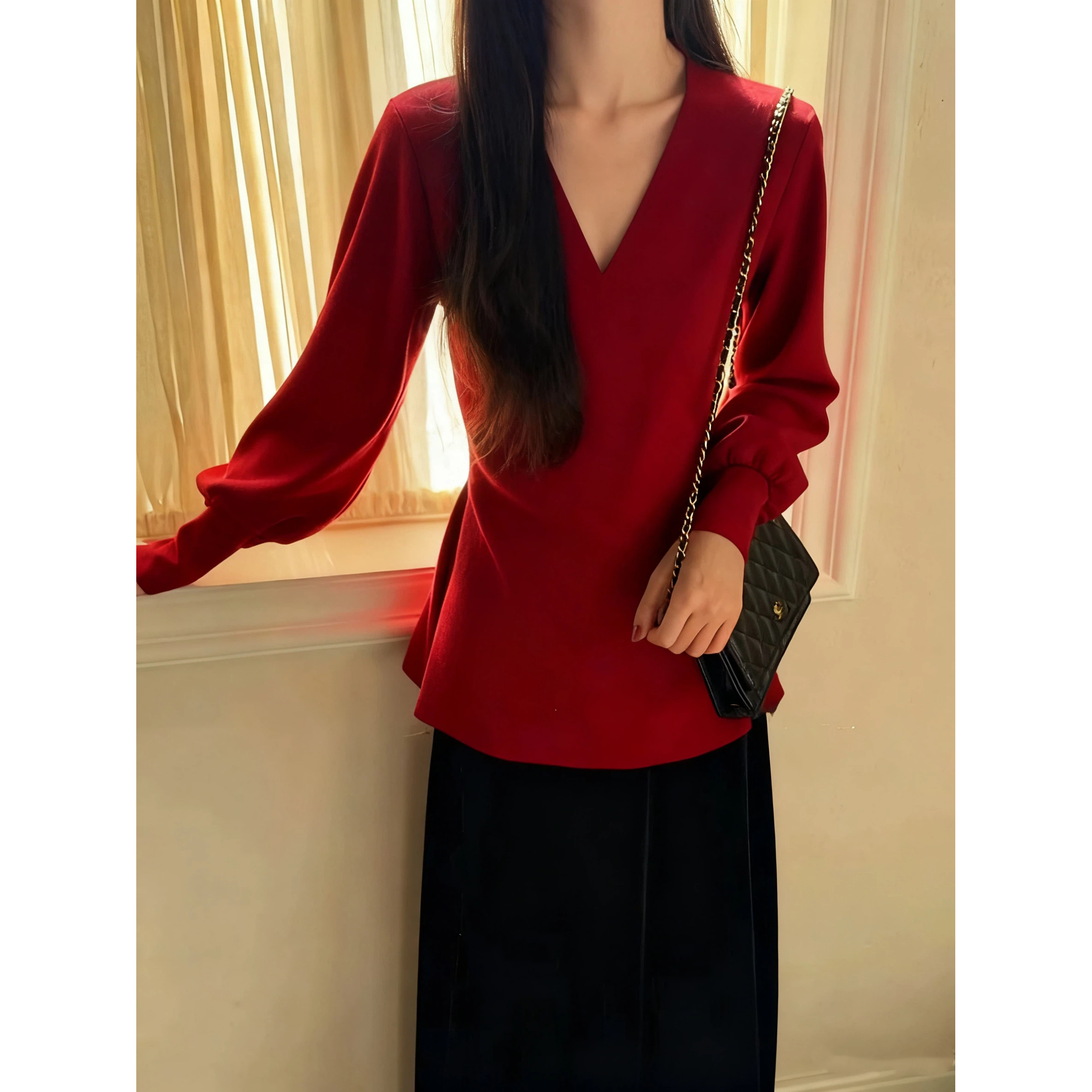 【艳紫妖红】洋气高贵冷淡系独特别致针织衫女秋冬季打底衫内搭上衣