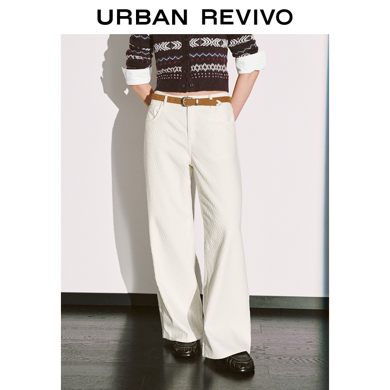 UR2025冬季新款女装简约菱格肌理阔腿磨毛休闲长裤UYL850228