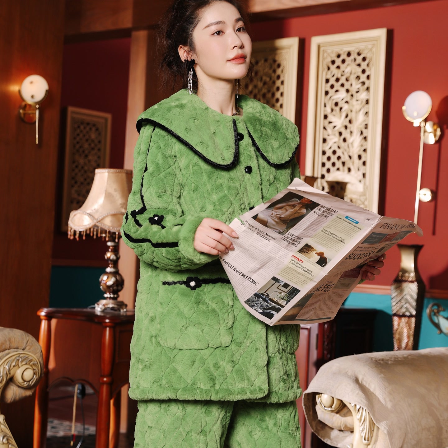 D155冬季加厚加绒保暖睡衣套装时尚翻领洋气秋冬家居服