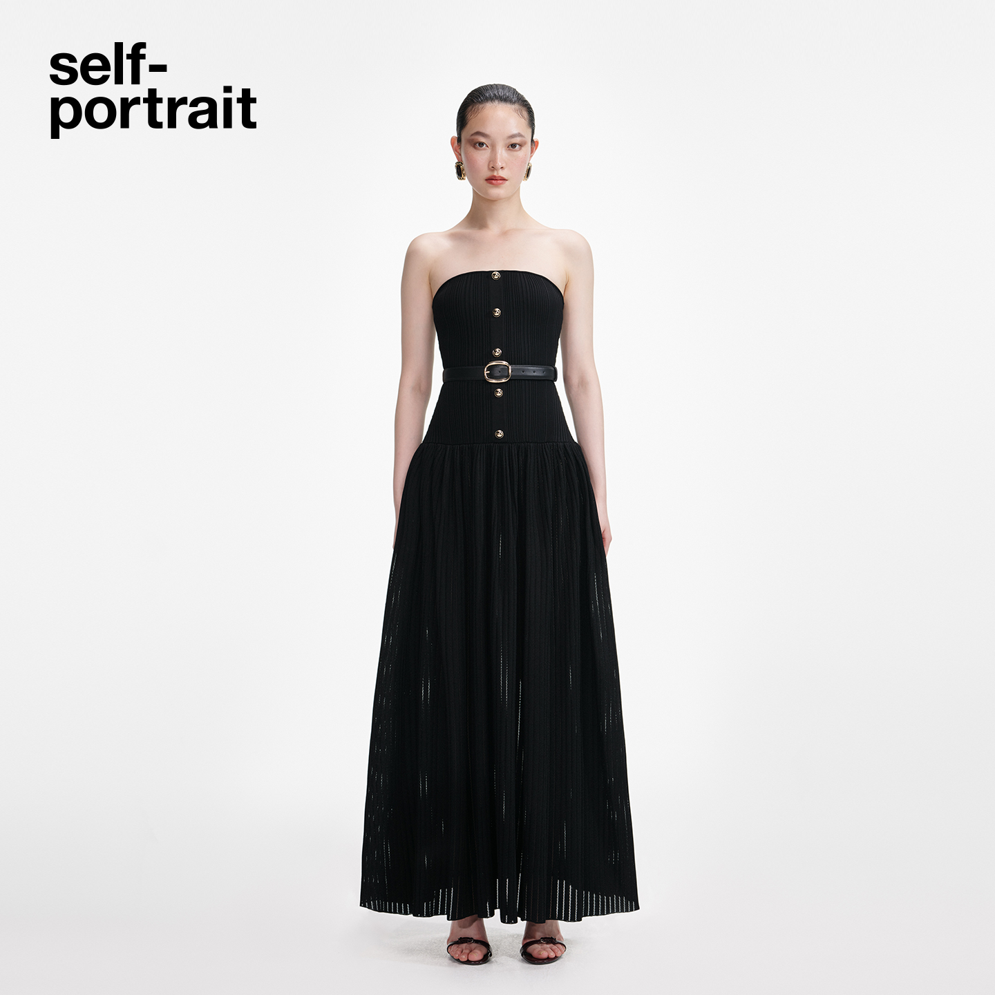 self-portrait 2025秋冬新款经典黑优雅气质抹胸针织连衣裙长裙