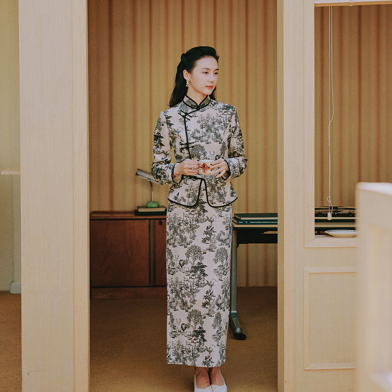 茉茉秋冬 九分装袖中式旗袍上衣/半身裙套装 古典温婉 林深