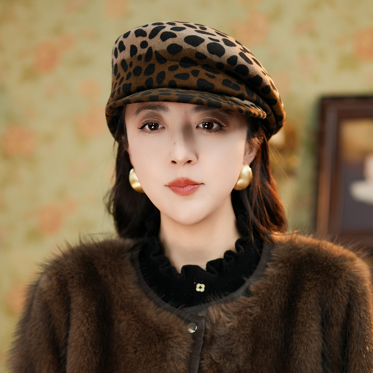 2026秋冬新款豹纹羊毛毡帽 女士轻奢复古优雅洋气前进帽鸭舌帽