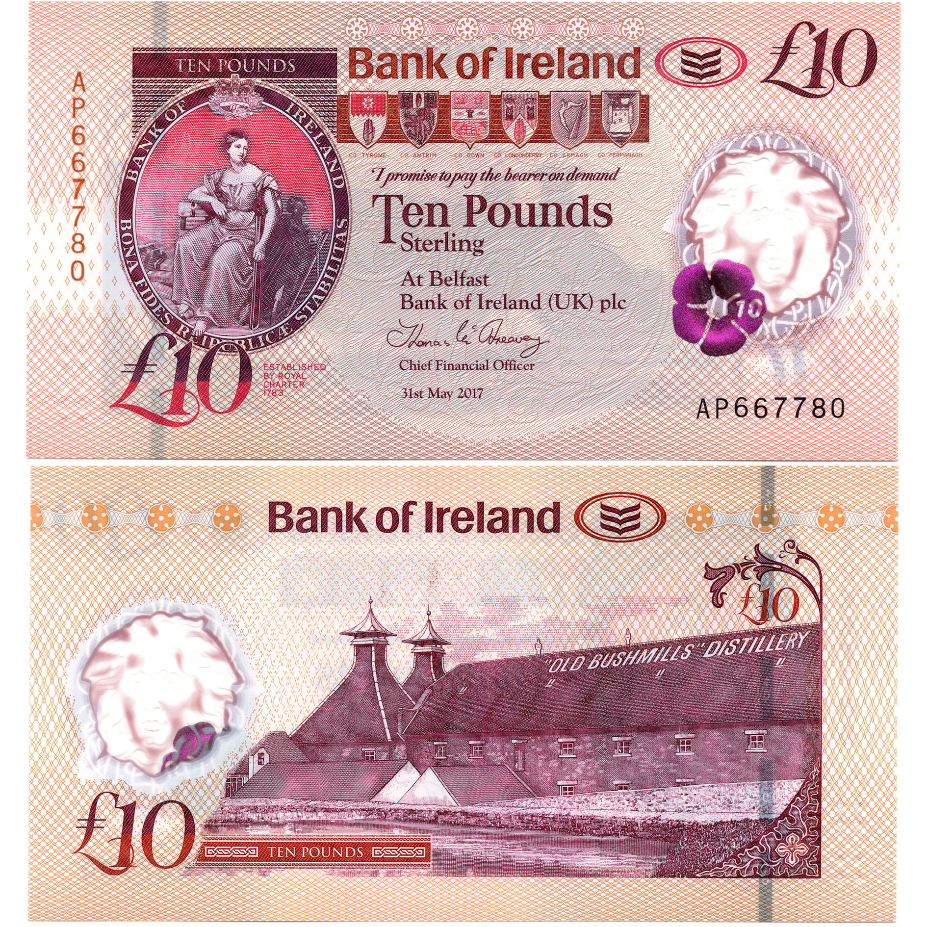 塑料钞北爱尔兰10镑2017年全新UNC纸币老纸钞外国钱币收藏