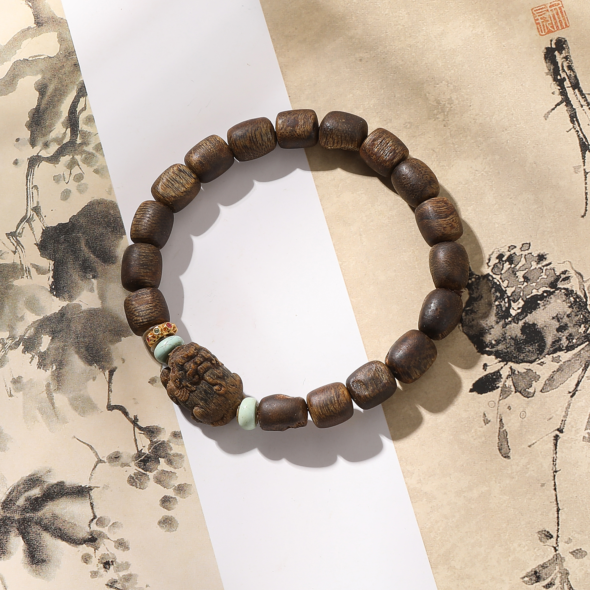 沉香一了个卜【月涧流香】18k貔貅沉水单圈手串