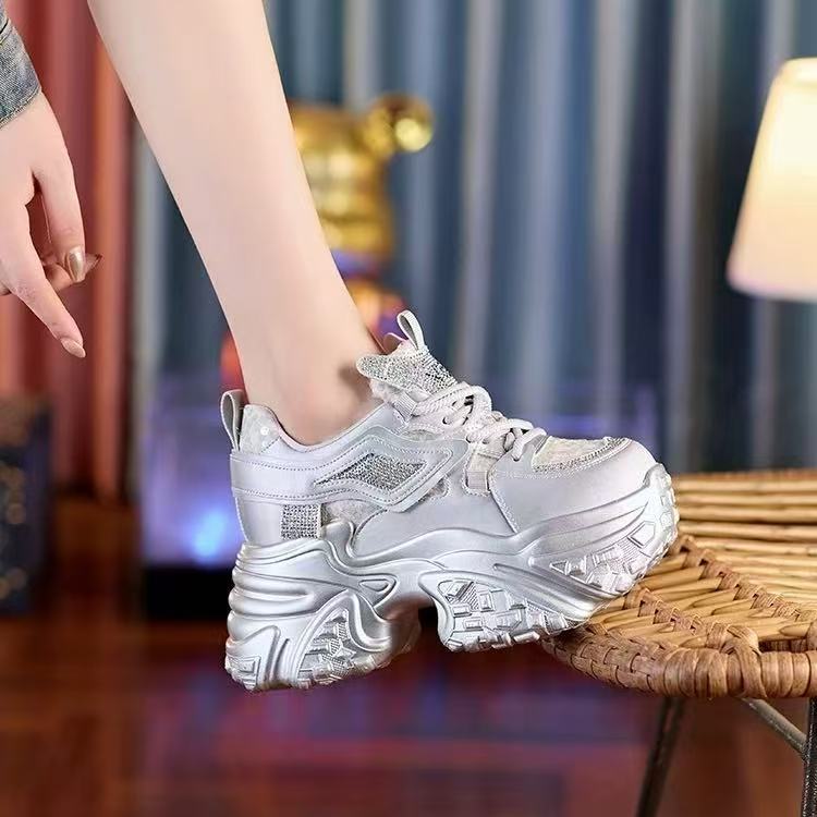 (陈陈)小个子亮片透气厚底老爹鞋女2025秋季新款百搭增高休闲单里