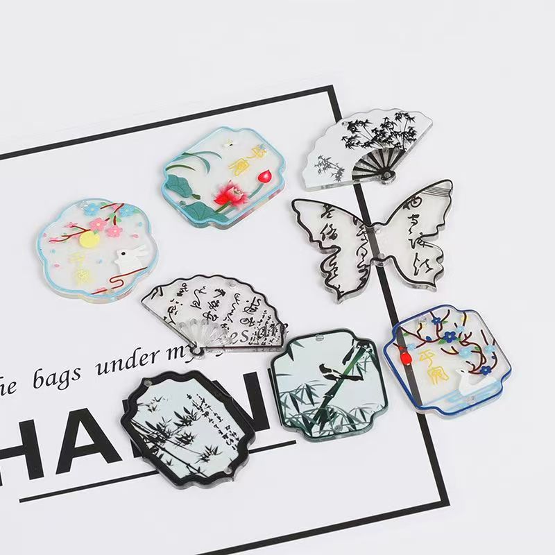 《燕子家》醋酸古风书法蝴蝶扇子双孔水墨竹叶DY手工发簪耳环吊坠饰