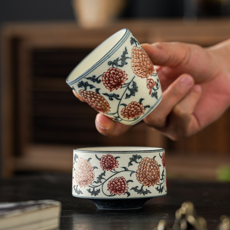 岩韵青花金刚莲直口陶瓷主人杯客杯喝茶品茗杯家用