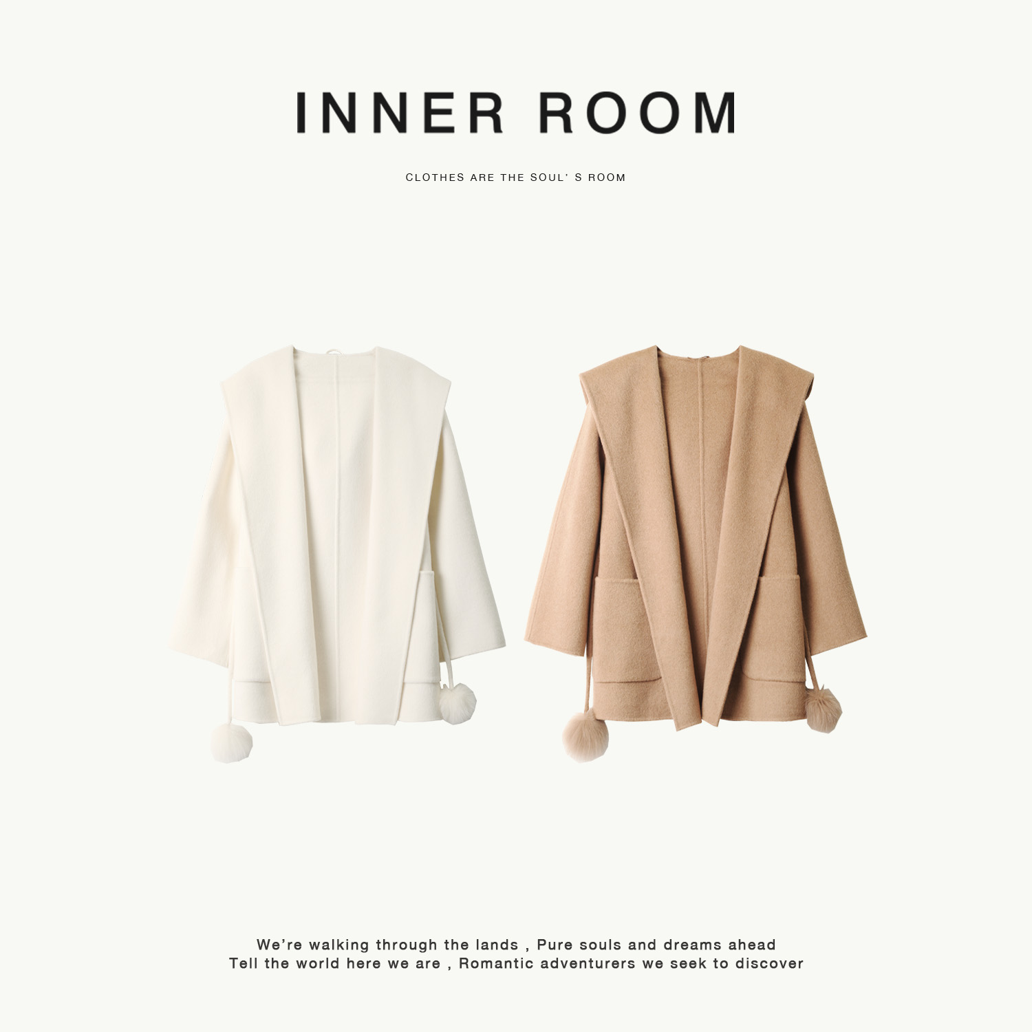 INNER ROOM慵懒质感绵羊毛双面尼大衣冬女中长款宽松连帽翻领外套