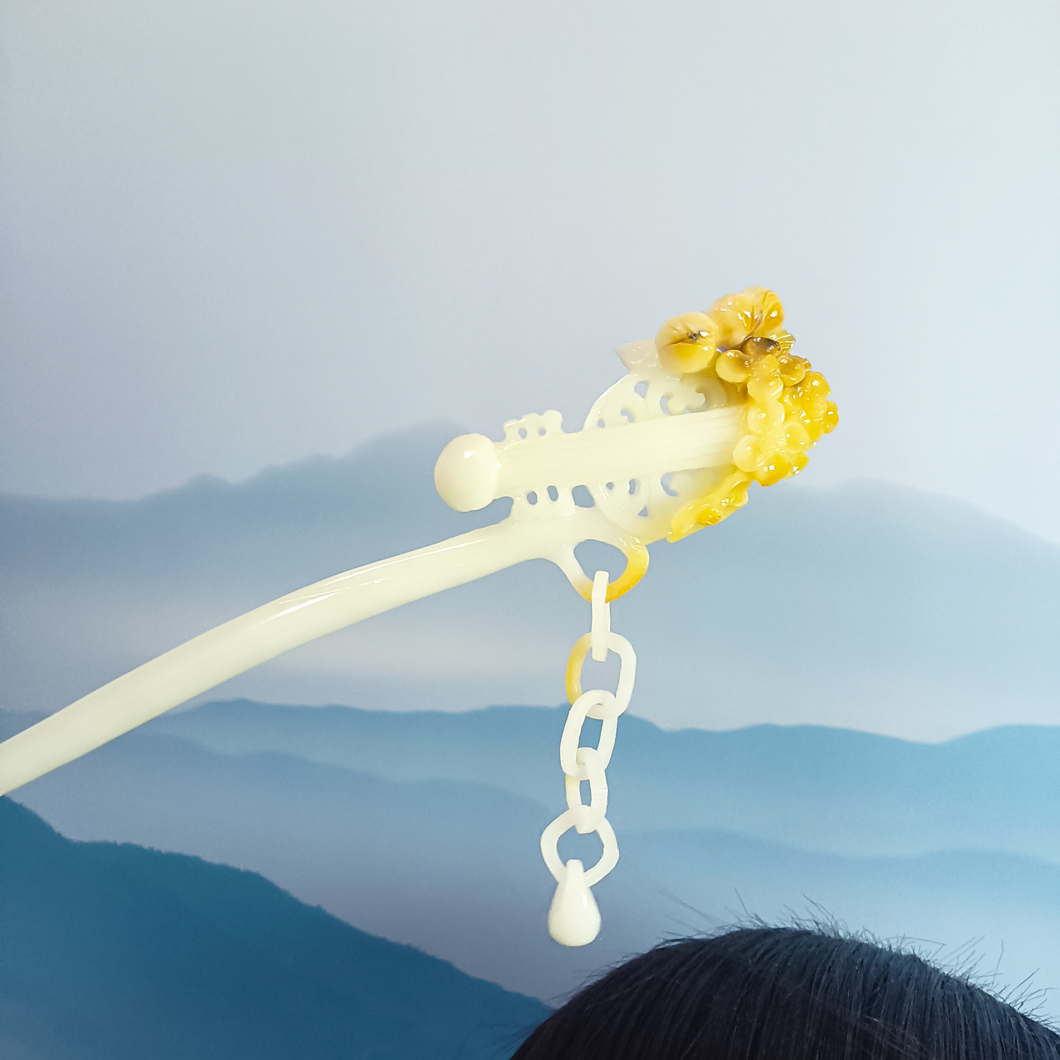 岫玉发簪手工雕刻，俏色遇知音流苏古香古韵