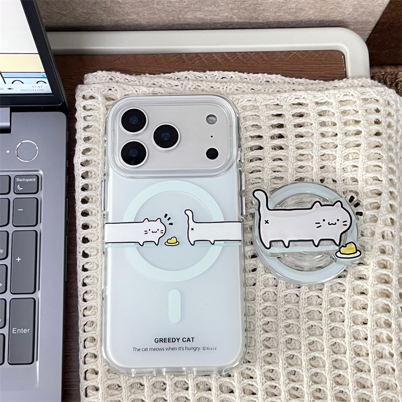 磁吸简约浅蓝奶酪小猫+支架适用16promax手机壳iPhone17苹果15/14