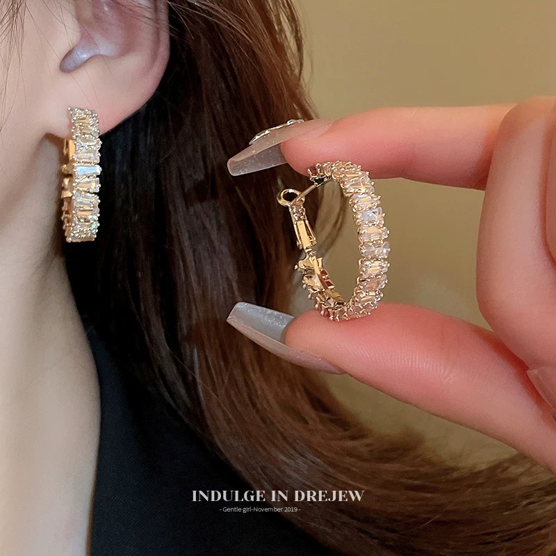 铜合金合成锆石耳饰 金色欧美风几何复古耳圈百搭法式耳环