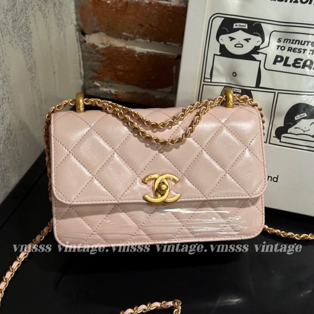 99新 Chanel/香奈儿 25年3月双金珠口盖包粉色牛皮单肩包23967