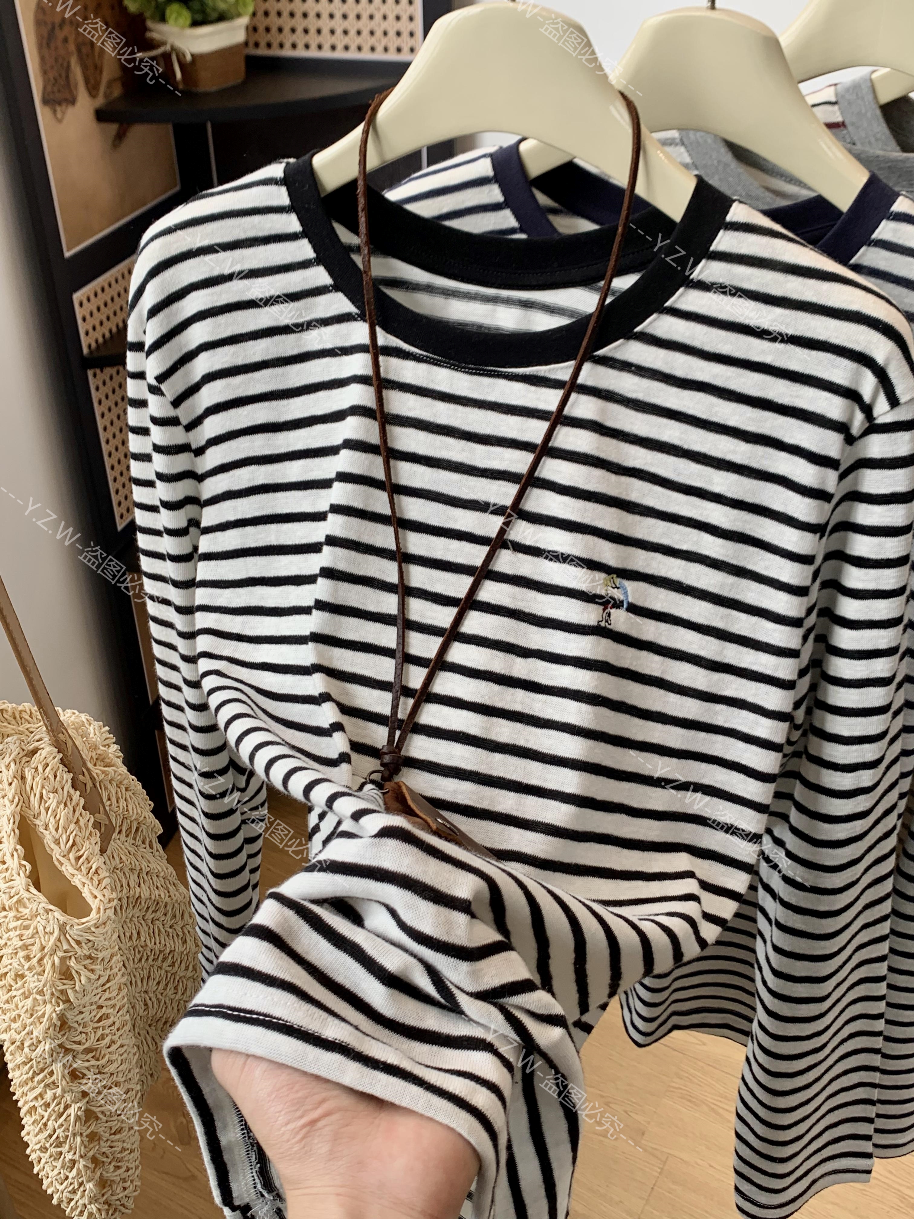 趣味卡通刺绣条纹长袖t恤女2025新款秋季韩系减龄打底衫女上衣潮