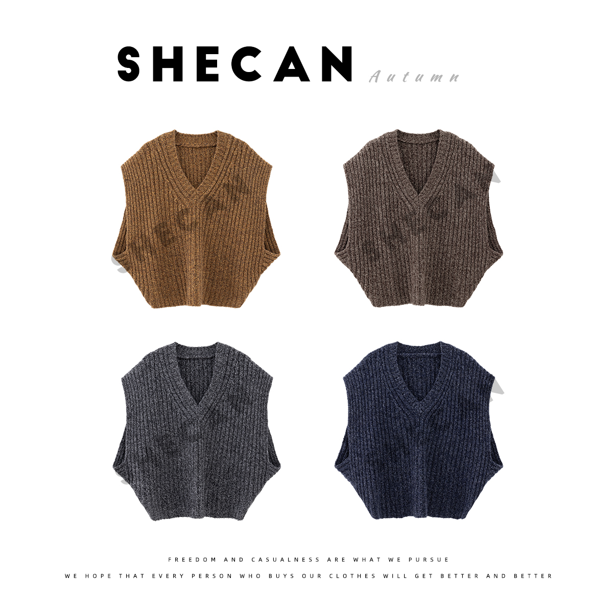 SHECAN【妙想】秋季复古气质休闲套头100绵羊毛无袖毛针织衫5QC337