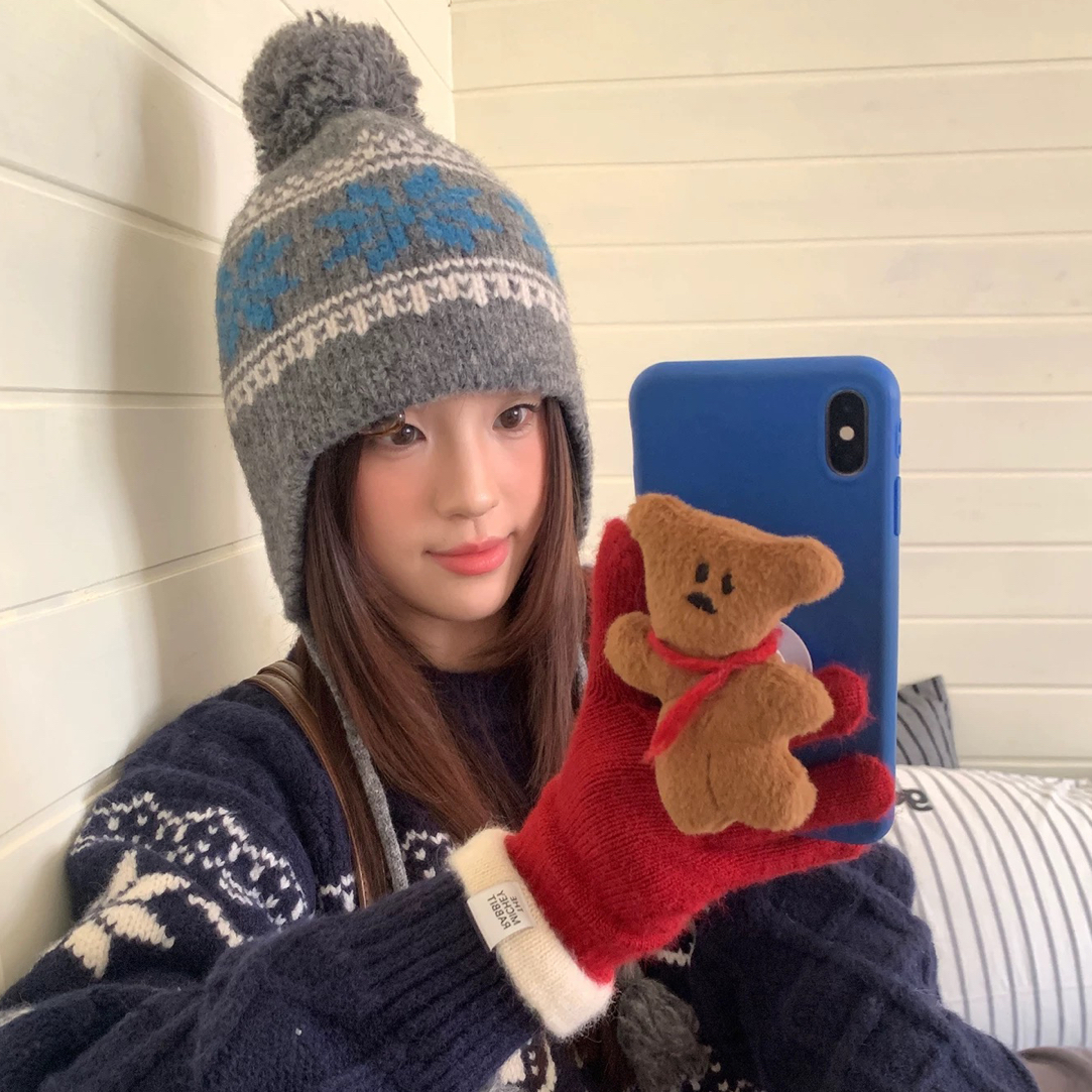 【D088】复古费尔岛风提花毛球针织毛线帽女秋冬加厚保暖护耳显脸小