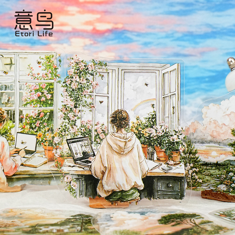 意鸟etori贴纸包 天气之窗系列 造景PET手账拼贴装饰素材打底15张