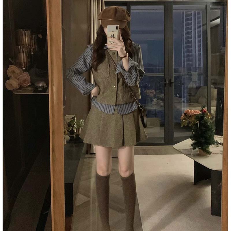 【两件套】【有裤里】高级感套装假两件上衣百褶短裙子套装QJ0078