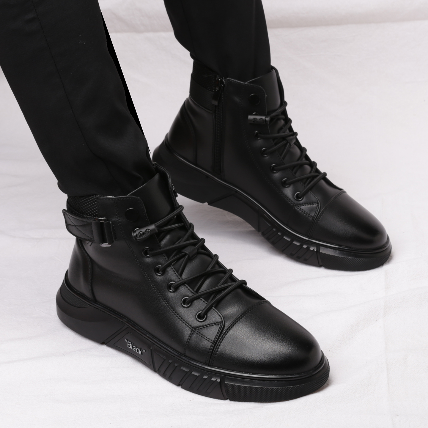 黑色松紧马丁靴男工装拉链休闲百搭高帮男鞋平底靴内增高潮鞋厚底