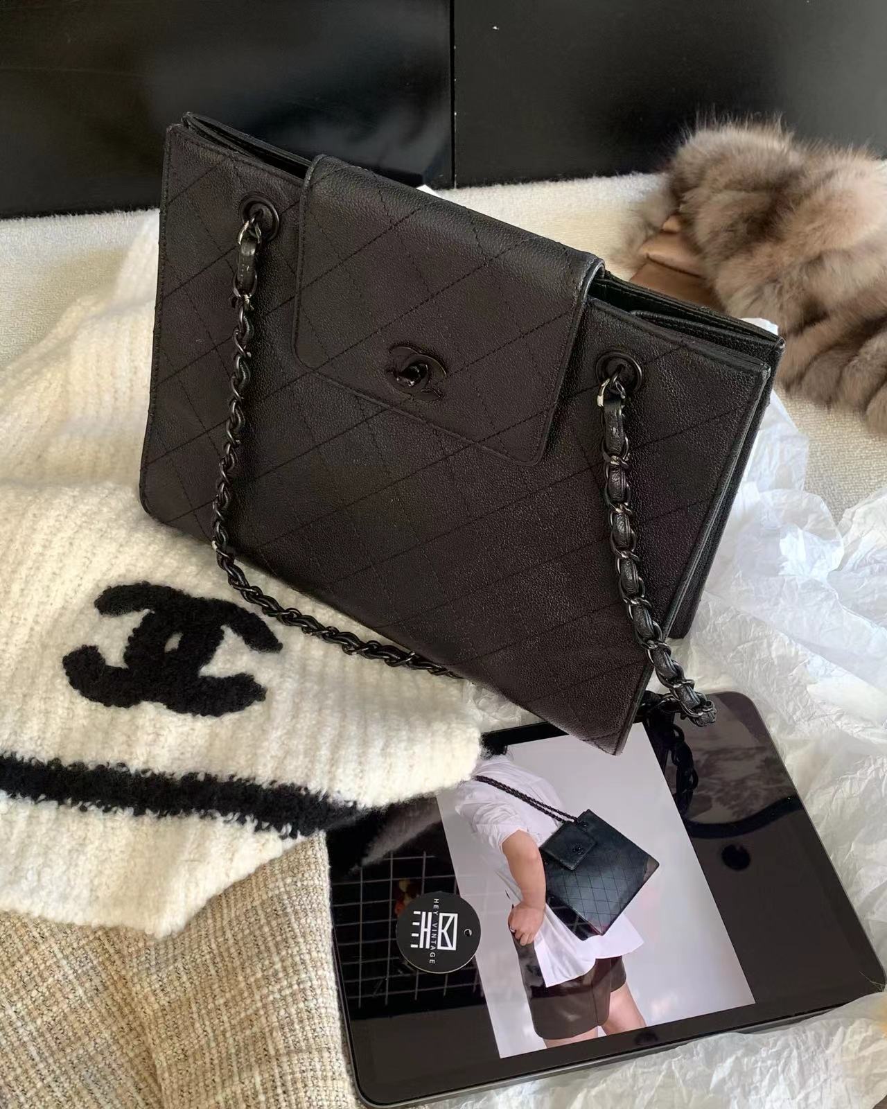 95新 Chanel/香奈儿 so black 鱼子酱Kelly托特包30cm 18249035