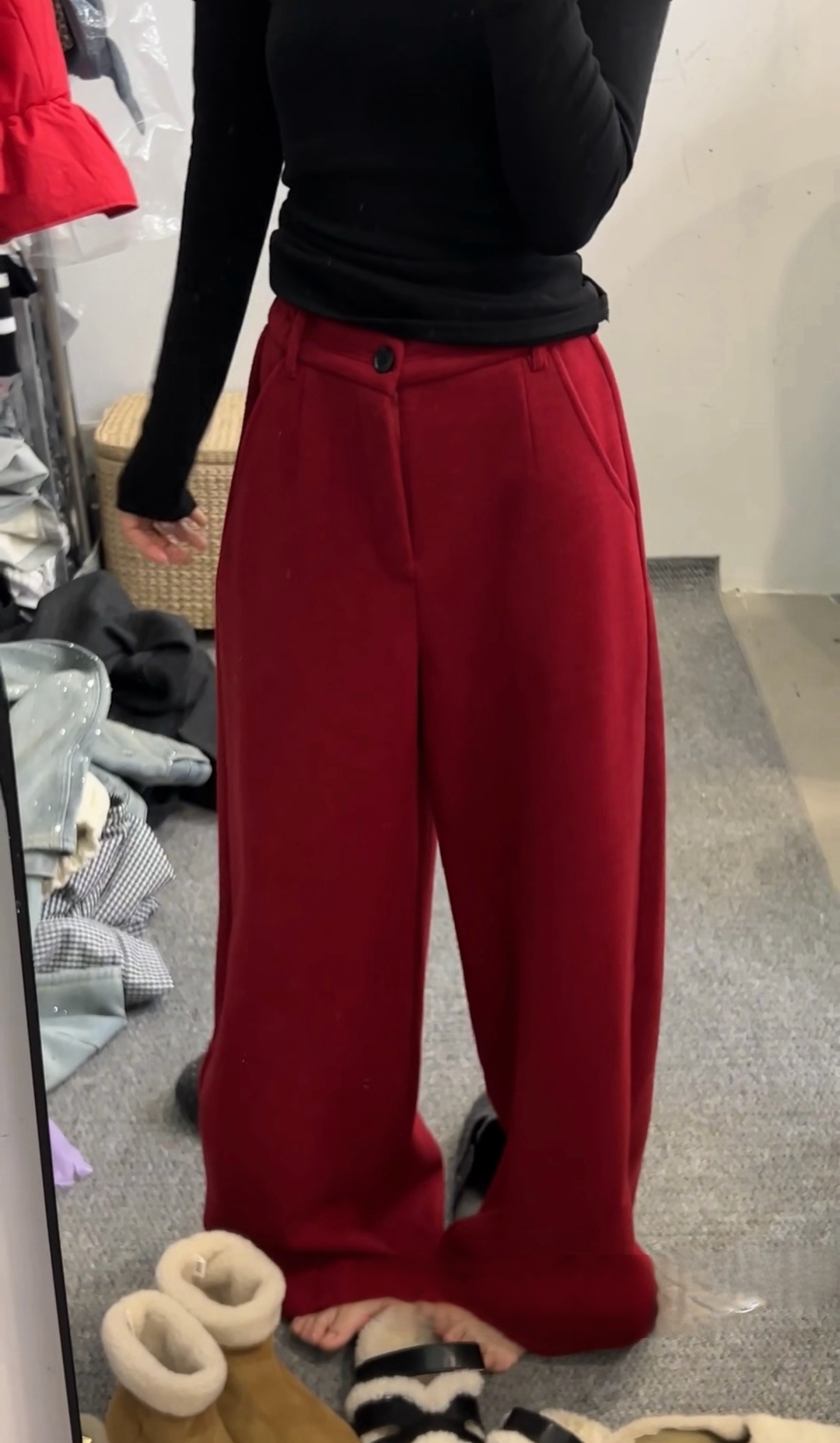 熊小姐家2025阔腿裤冬季口袋直筒裤休闲裤红色垂感百搭