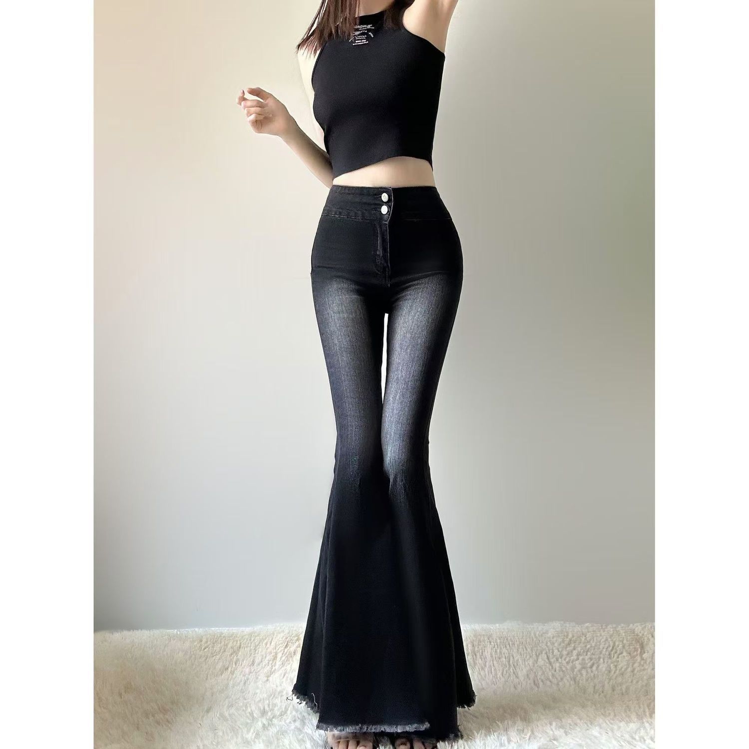 默认微瑕 秋季复古高腰显瘦百搭辣妹鱼尾大喇叭拖地牛仔裤