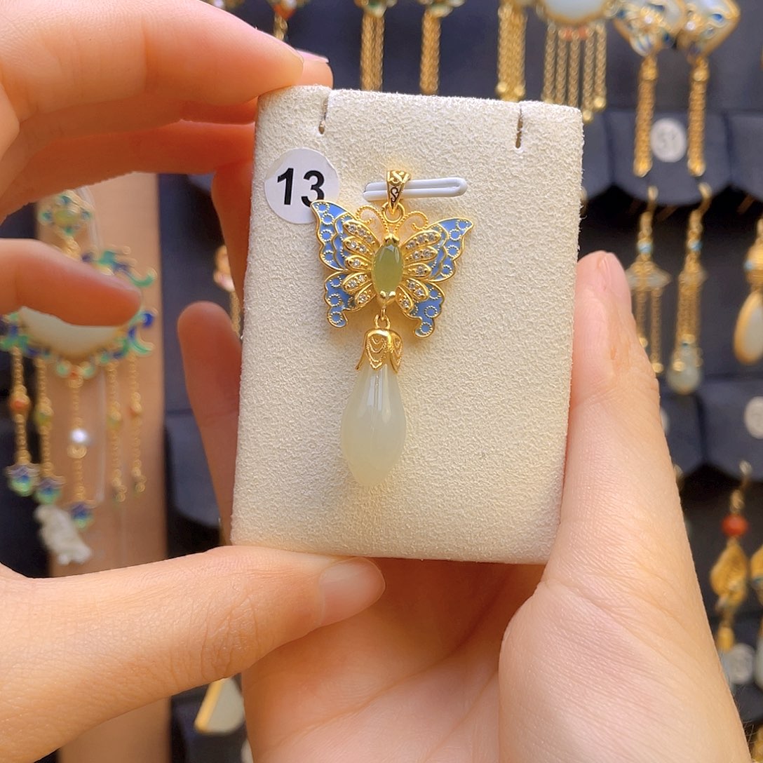 和田玉颈饰银S925镀金镶嵌