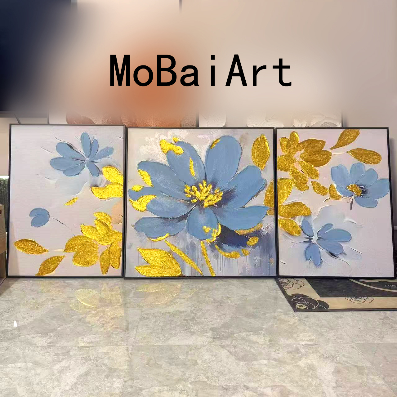 蓝色花朵立体砂岩肌理油画沙发背景客厅画时尚简约极简装饰画