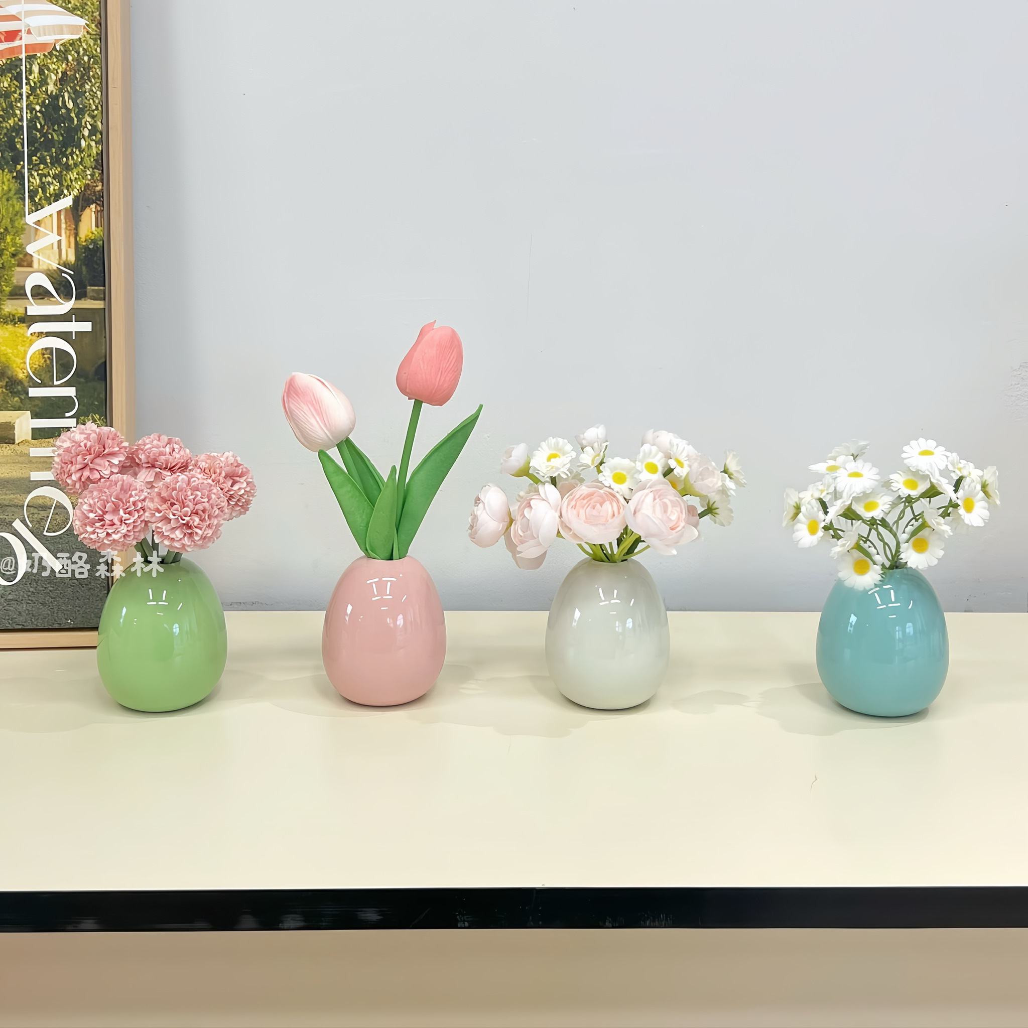 ins风仿真花装饰花卉彩色陶瓷小花瓶桌面迷你假花摆放小摆件蛋瓶