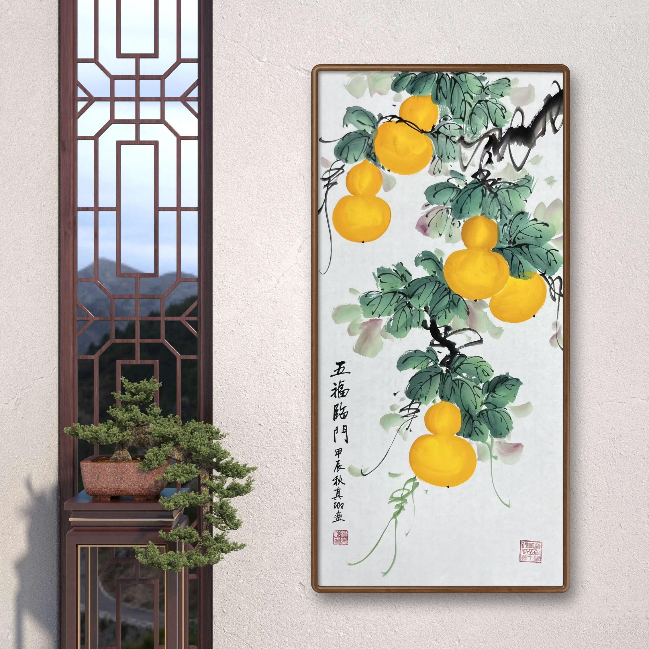 《五福临门》柳真卿纯手绘画画69*35cm未装裱（框是效果图）