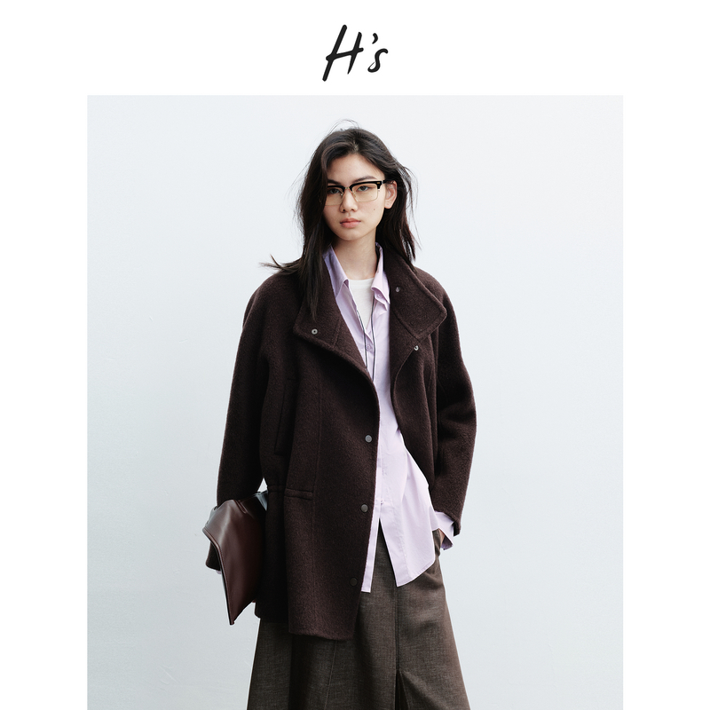 HS咖色立领毛呢外套女26春新款高级设计感宽松收腰A字廓形呢大衣
