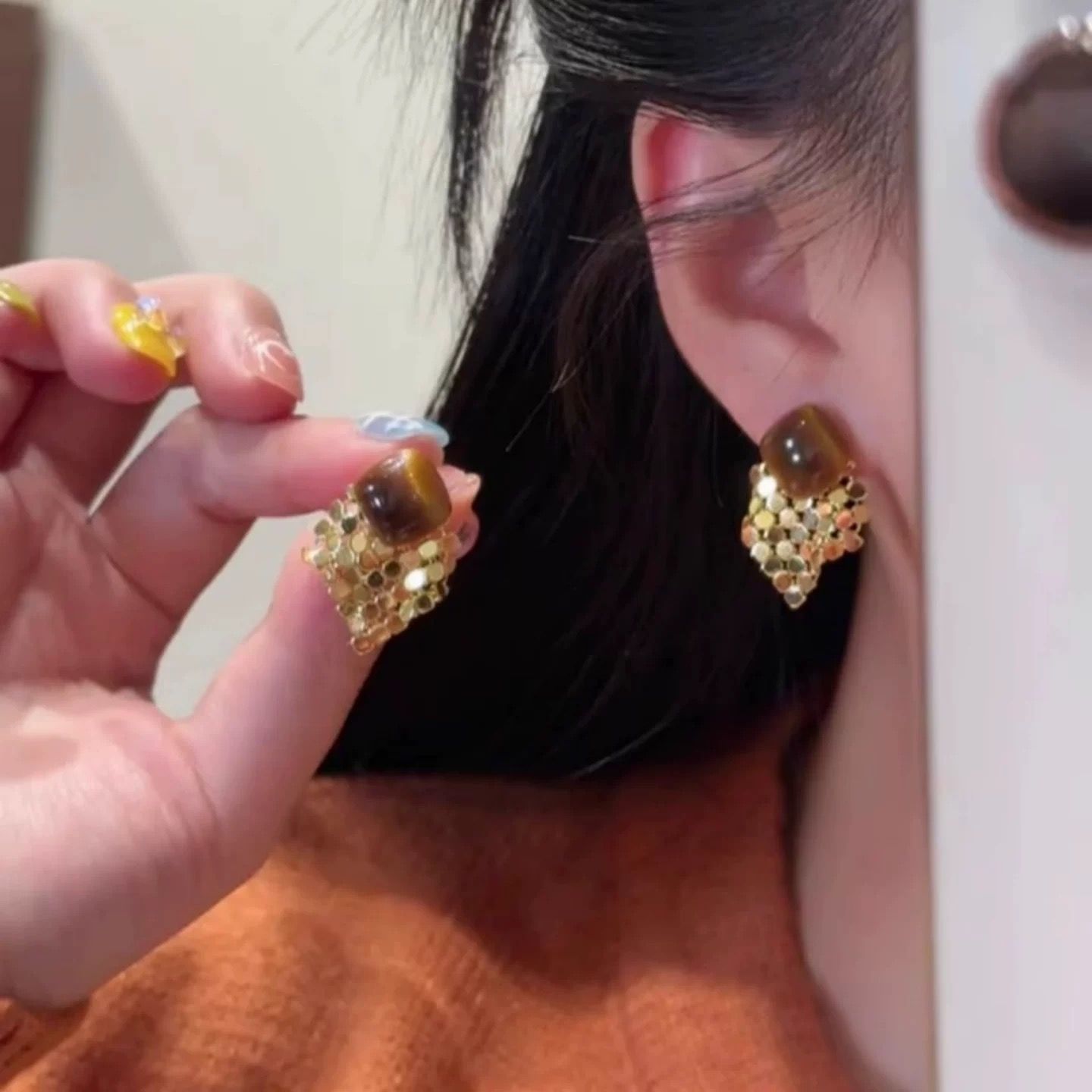 铜合金耳饰 菱形亮片流苏耳环小众设计感百搭耳钉气质耳饰N3574