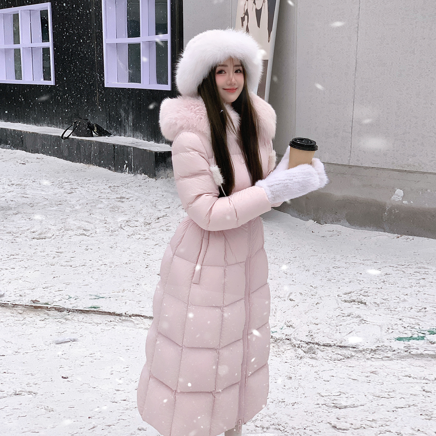 冰冰来了【方格晴语】甜美少女大毛领连帽羽绒服长款收腰外套27403