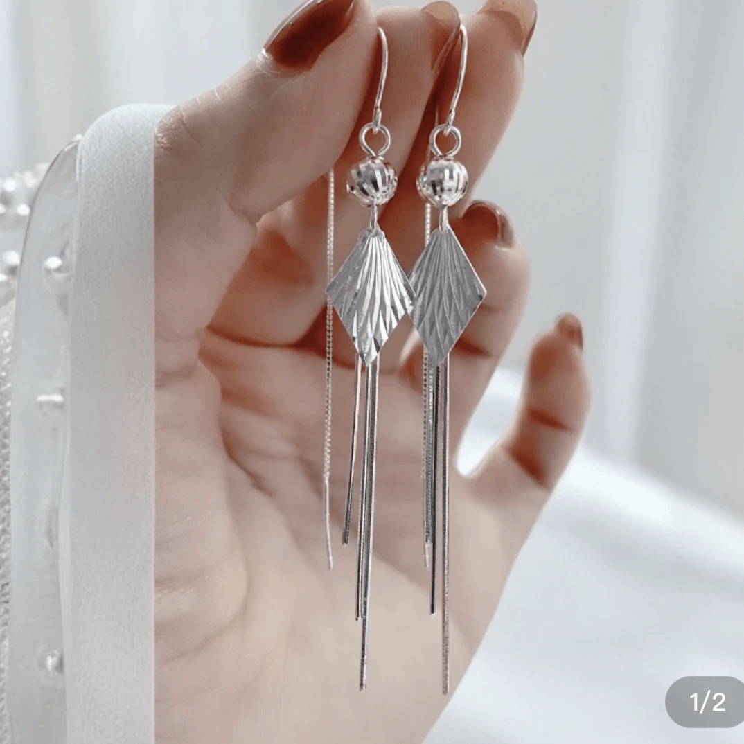 足银耳饰 足银耳饰 足银简约百搭车花菱形流苏耳线耳环